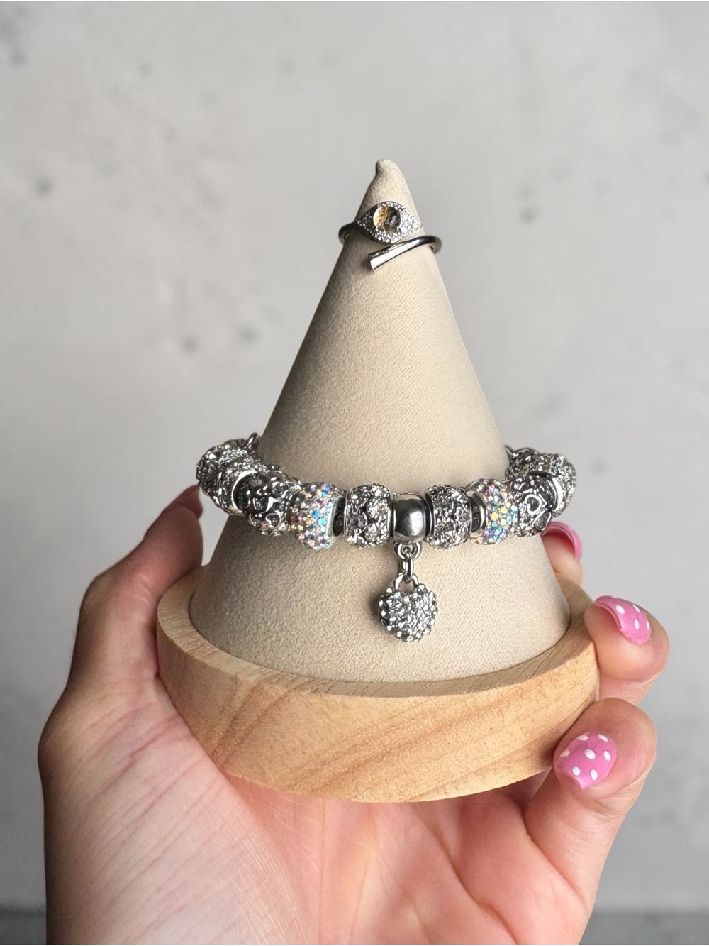 Silver Crystal Heart Charm Bracelet with Ring
